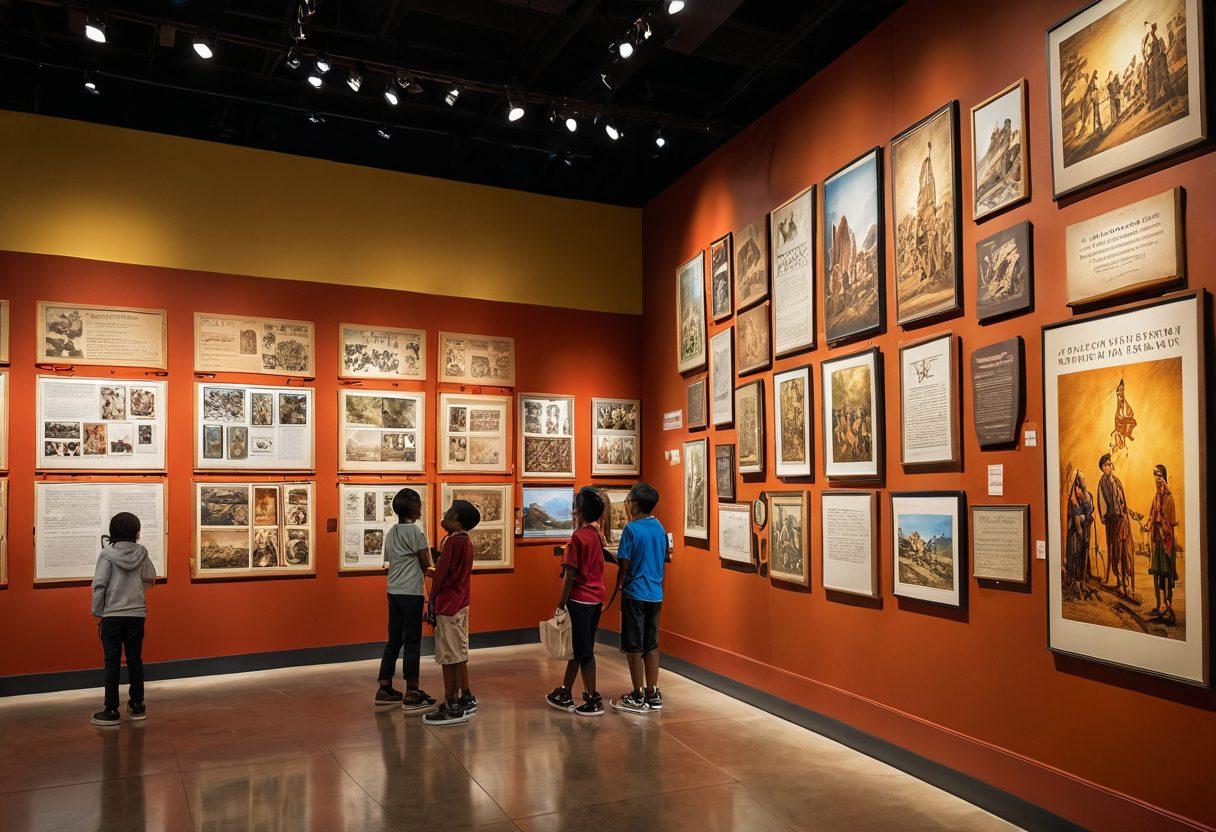 A captivating museum interior showcasing diverse cultural artifacts and innovative exhibits, with visitors interacting with interactive displays. Bright, educational posters line the walls, and children are engaged in a creative workshop. The ambiance is warm and inviting, highlighting the importance of heritage preservation. super-realistic. vibrant colors. warm lighting.