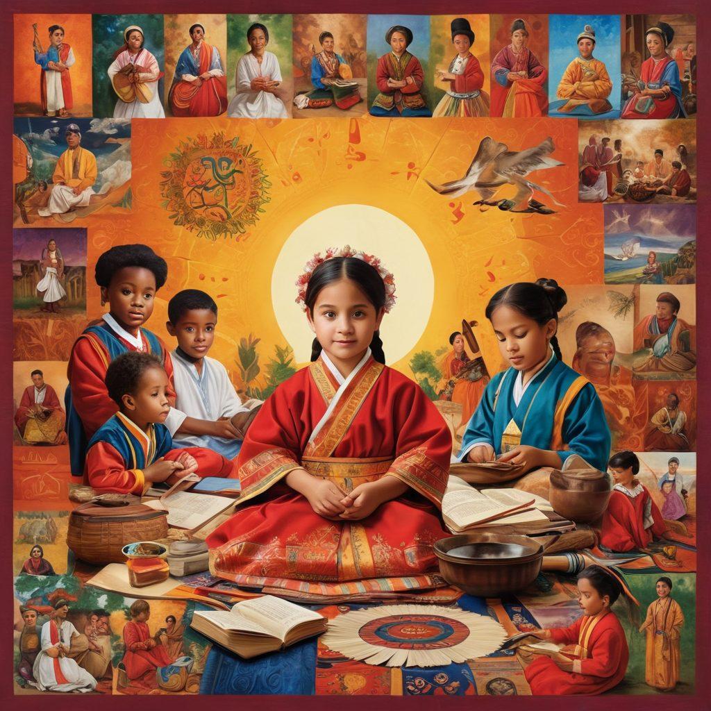 A collage of diverse children and adults engaged in various educational activities, like traditional crafts, storytelling, and music, surrounded by rich cultural symbols and artifacts from different cultures. Infuse vibrant colors and a warm atmosphere to portray a sense of community and learning. Include elements like books, art supplies, and cultural clothing to enhance the theme of cultural preservation through education. super-realistic. vibrant colors. warm tones.